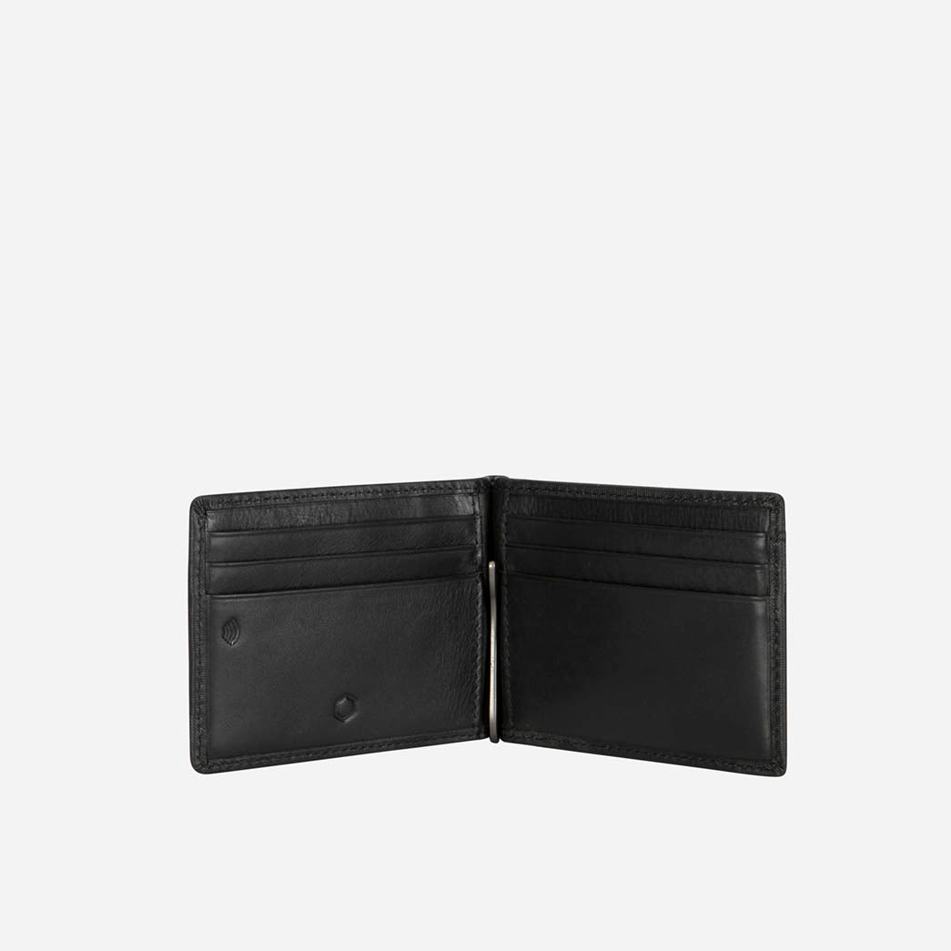 Jekyll and Hide - Leather Money Clip Wallet - Mocha | Black | Camo Black | Tan, open view showcasing card slots and metal money clip.