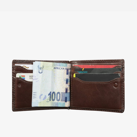 Jekyll and Hide - Leather Money Clip Wallet - Mocha | Black | Camo Black | Tan open with cash and cards visible.