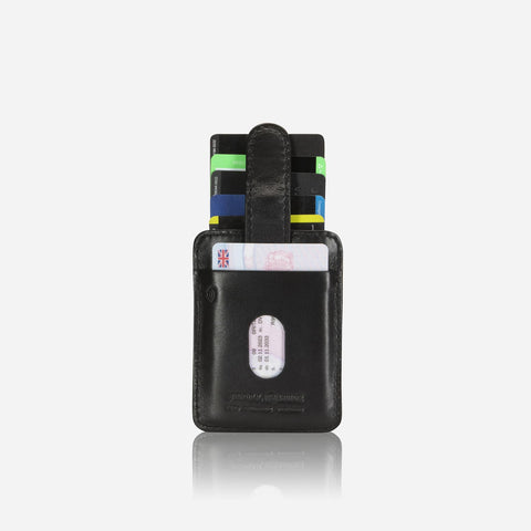 Jekyll and Hide - Compact Tab Card Holder - Black | Mocha | Tan displaying cards and cash, featuring RFID protection.