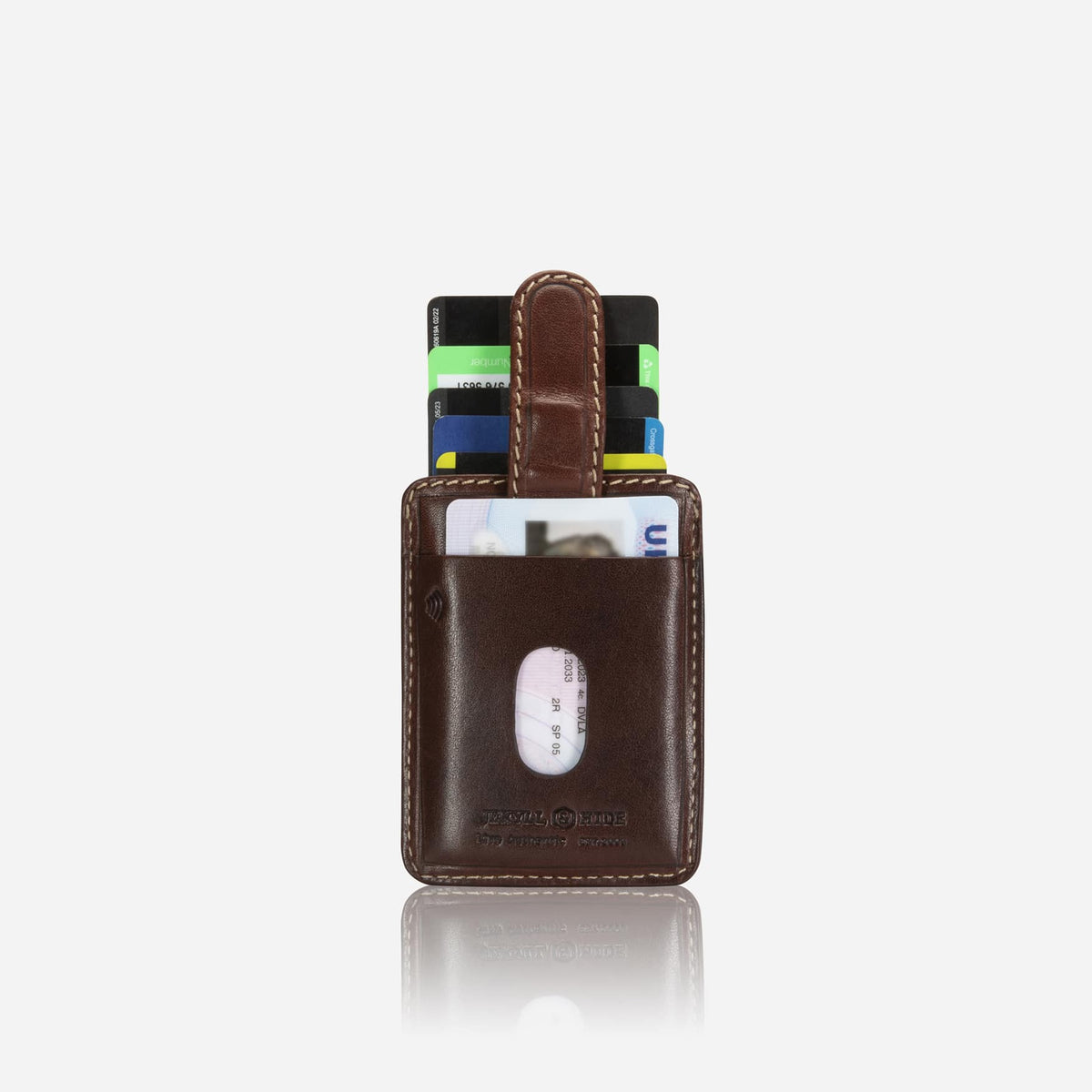 Jekyll and Hide - Compact Tab Card Holder - Black | Mocha | Tan with visible credit cards and folded bills in a sleek design.
