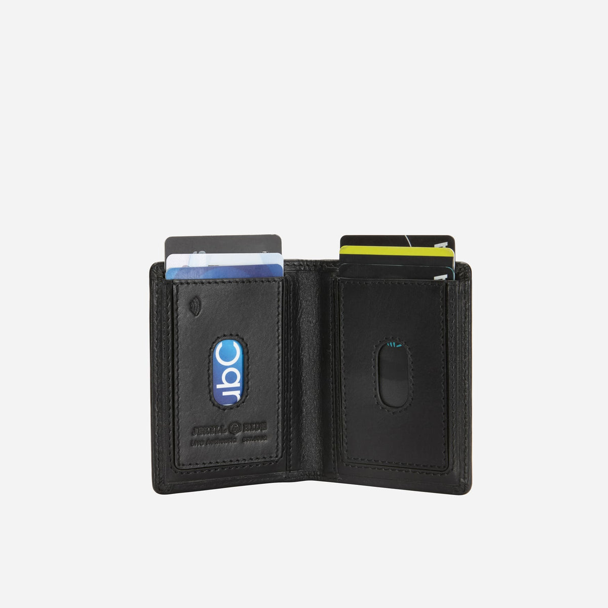 Jekyll & Hide - Slim Elasticated Card Holder - Mocha | Black | Tan inner view showcasing card slots and RFID feature.