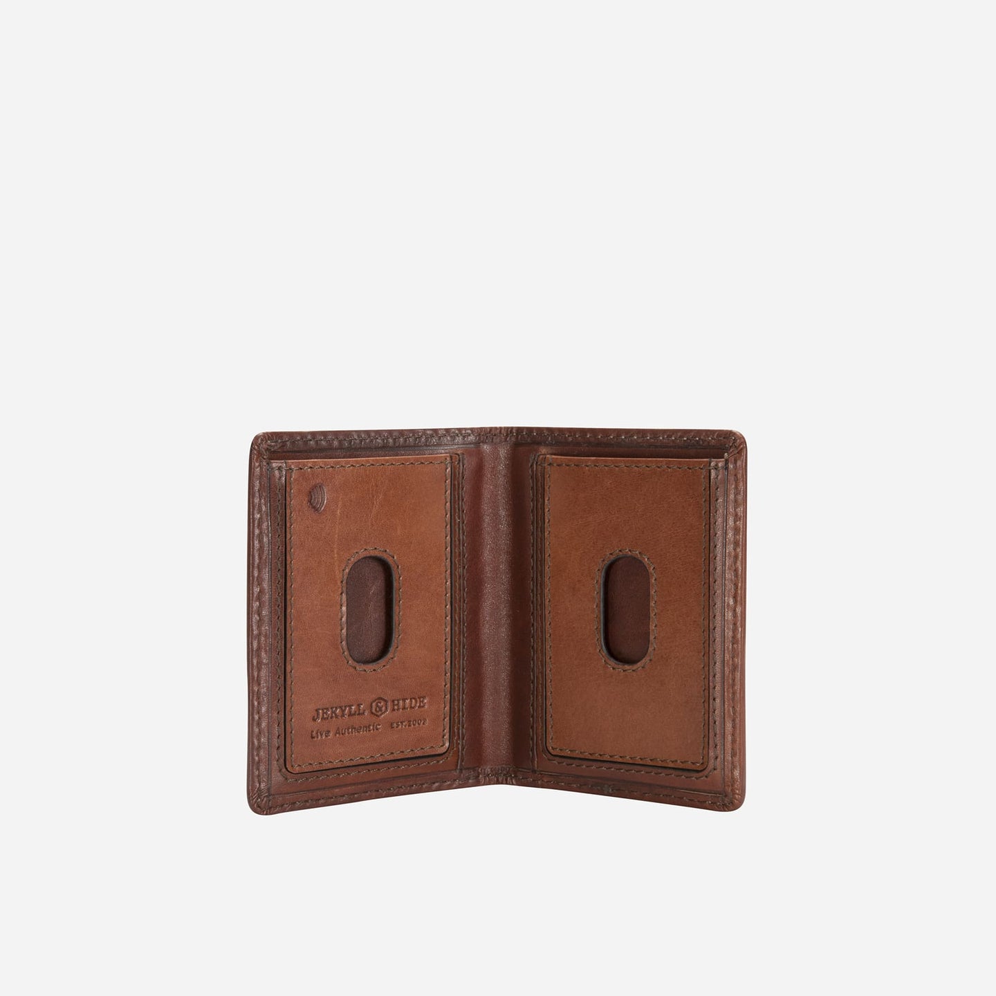 Jekyll & Hide - Slim Elasticated Card Holder - Mocha | Black | Tan open view showcasing RFID security and leather finish.