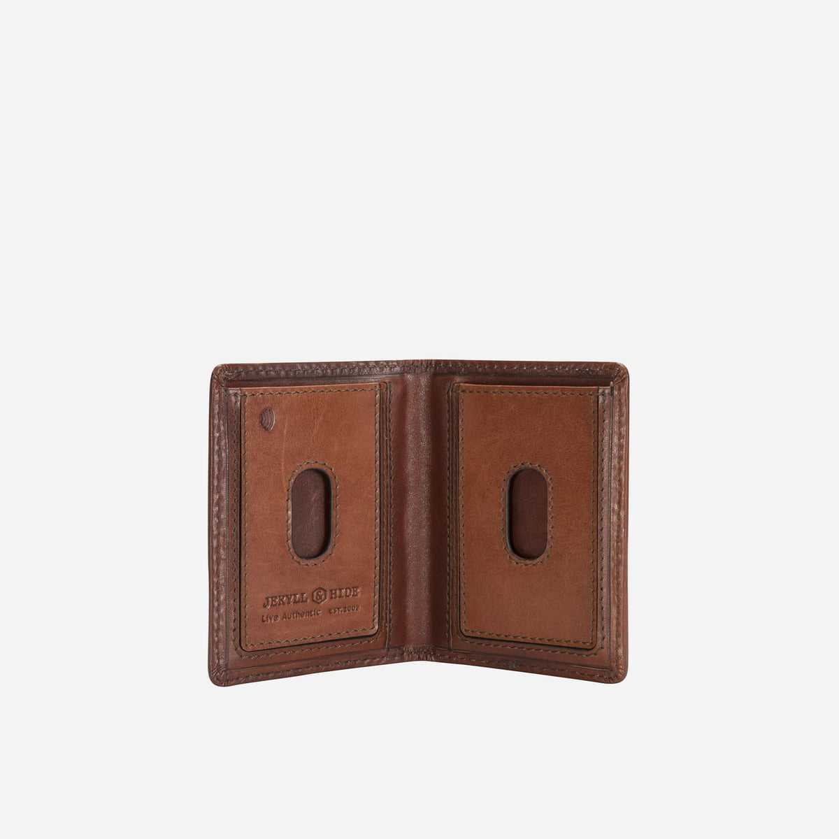Jekyll & Hide - Slim Elasticated Card Holder - Mocha | Black | Tan open view showcasing RFID security and leather finish.