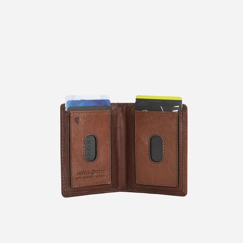 Jekyll & Hide - Slim Elasticated Card Holder - Mocha | Black | Tan showcasing interior card slots and RFID protection.