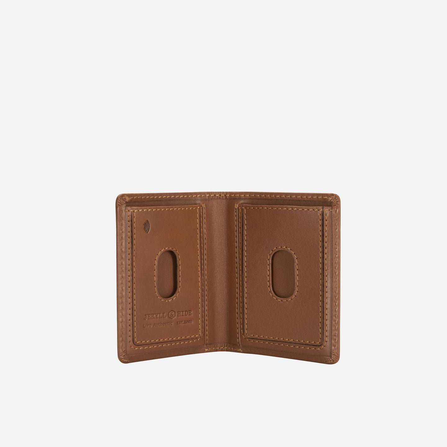 Jekyll & Hide - Slim Elasticated Card Holder - Mocha | Black | Tan open view showcasing RFID security and recycled lining.