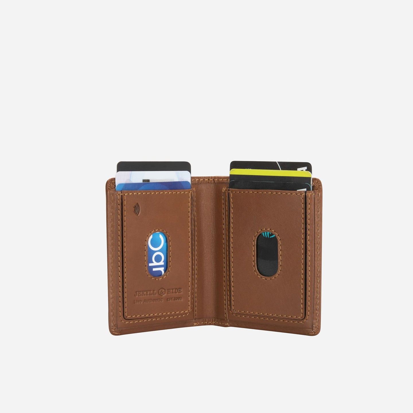 Jekyll & Hide - Slim Elasticated Card Holder - Mocha | Black | Tan displaying interior with cards
