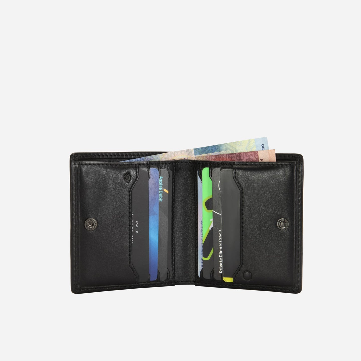 Jekyll and Hide - Slim Bifold Card Holder With Coin Purse - Black | Tan | Mocha opened showing cards and cash.