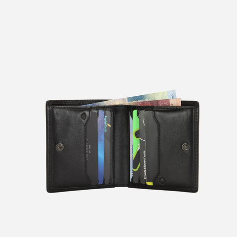 Jekyll and Hide - Slim Bifold Card Holder With Coin Purse - Black | Tan | Mocha opened showing cards and cash.