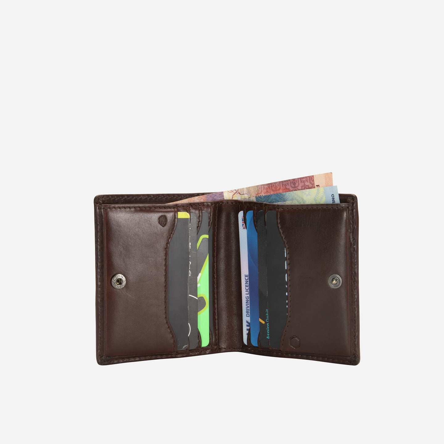 Jekyll and Hide - Slim Bifold Card Holder With Coin Purse - Black | Tan | Mocha open showing card slots and cash compartment.