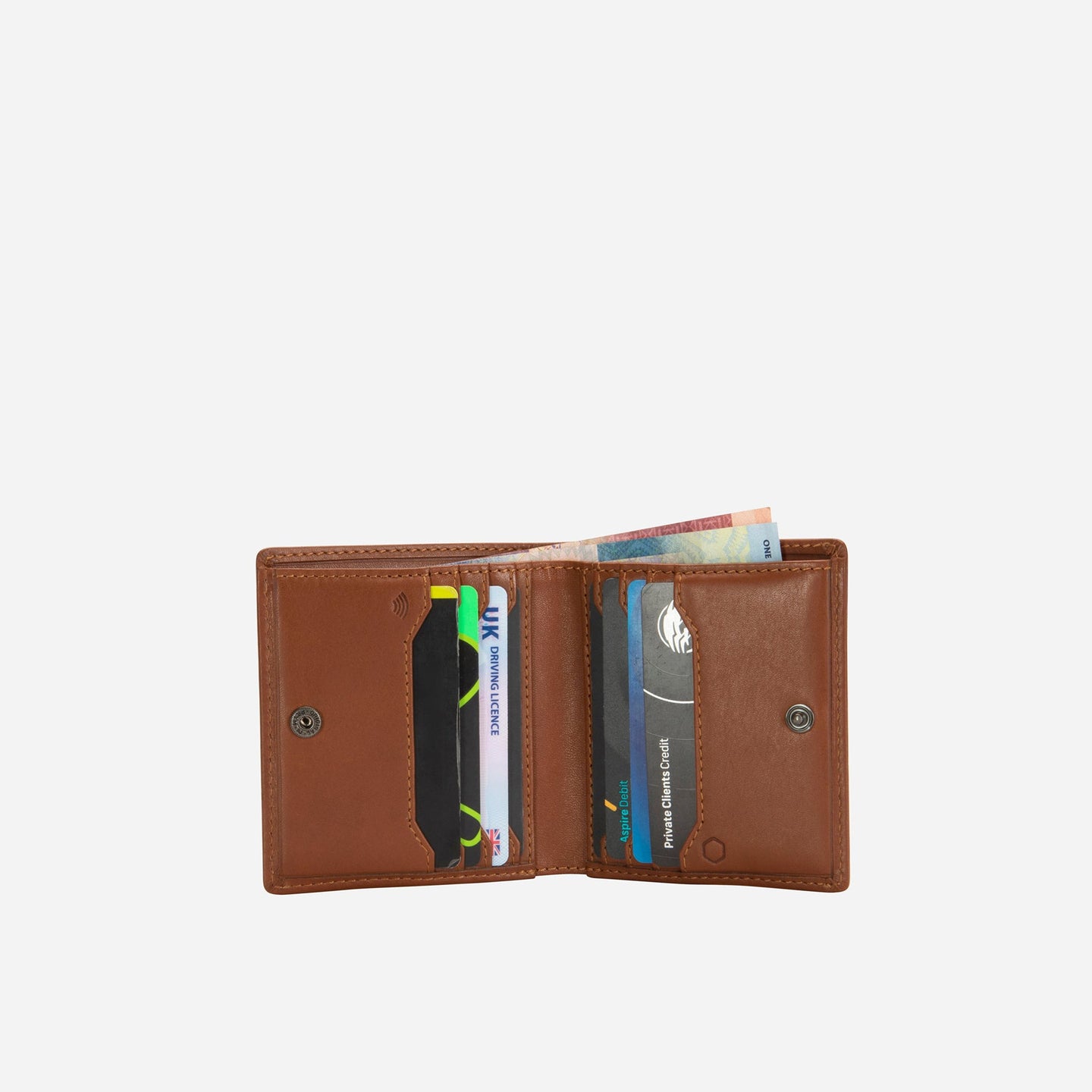Jekyll and Hide - Slim Bifold Card Holder With Coin Purse - Black | Tan | Mocha opened displaying card slots and a coin pocket.