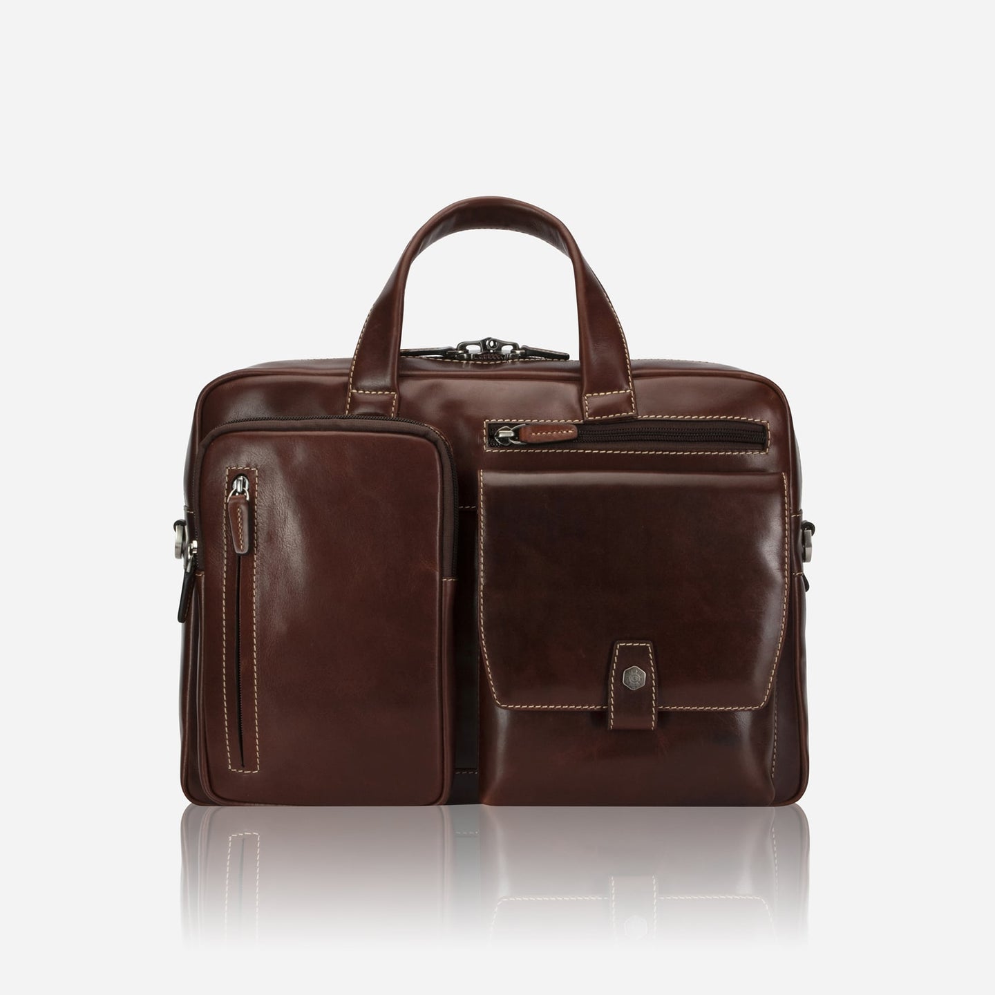Jekyll and Hide - Medium Laptop Briefcase - Colt | Mocha in rich mocha leather with multiple compartments and zippers.