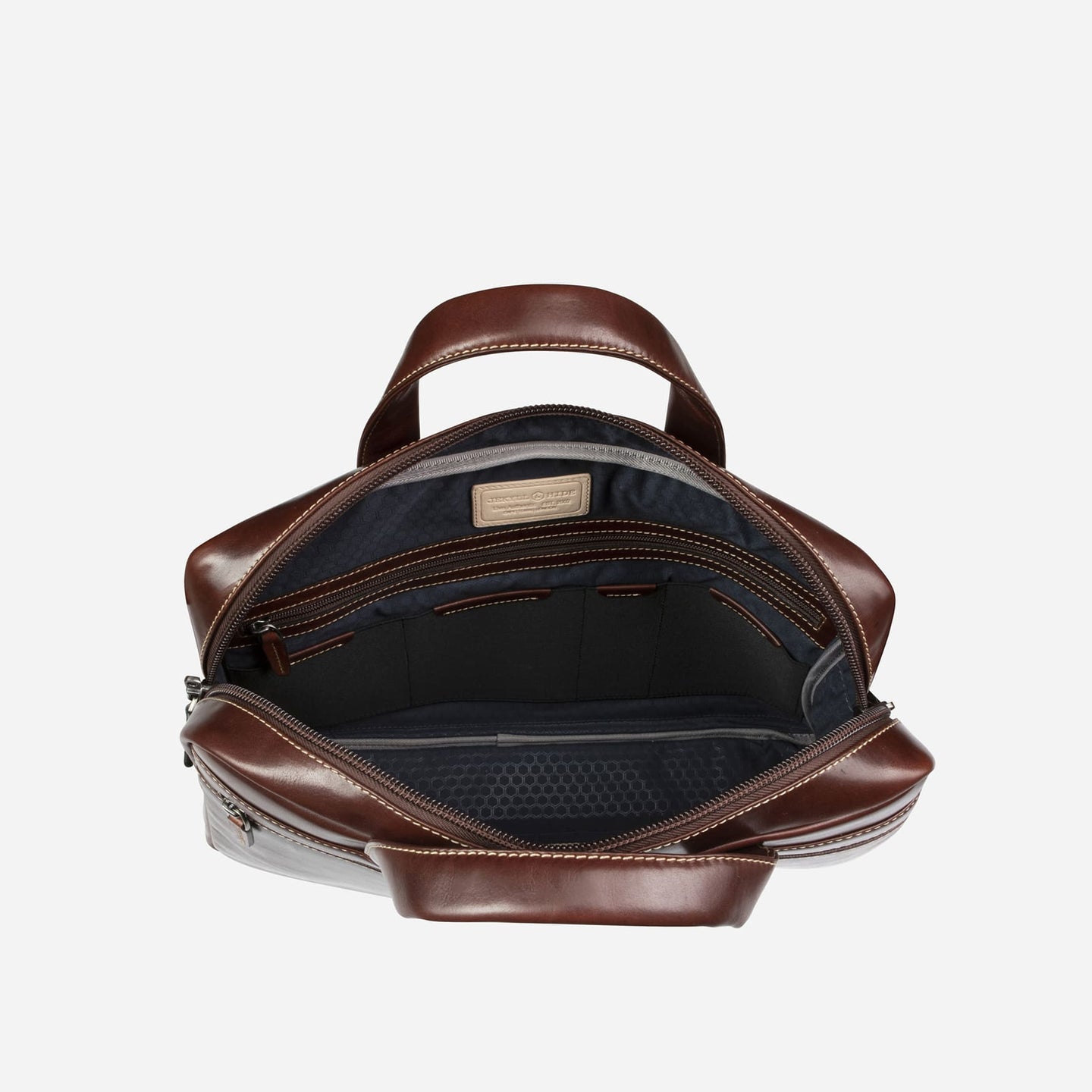 Jekyll and Hide - Medium Laptop Briefcase - Colt | Mocha interior compartments and zips for organized storage.