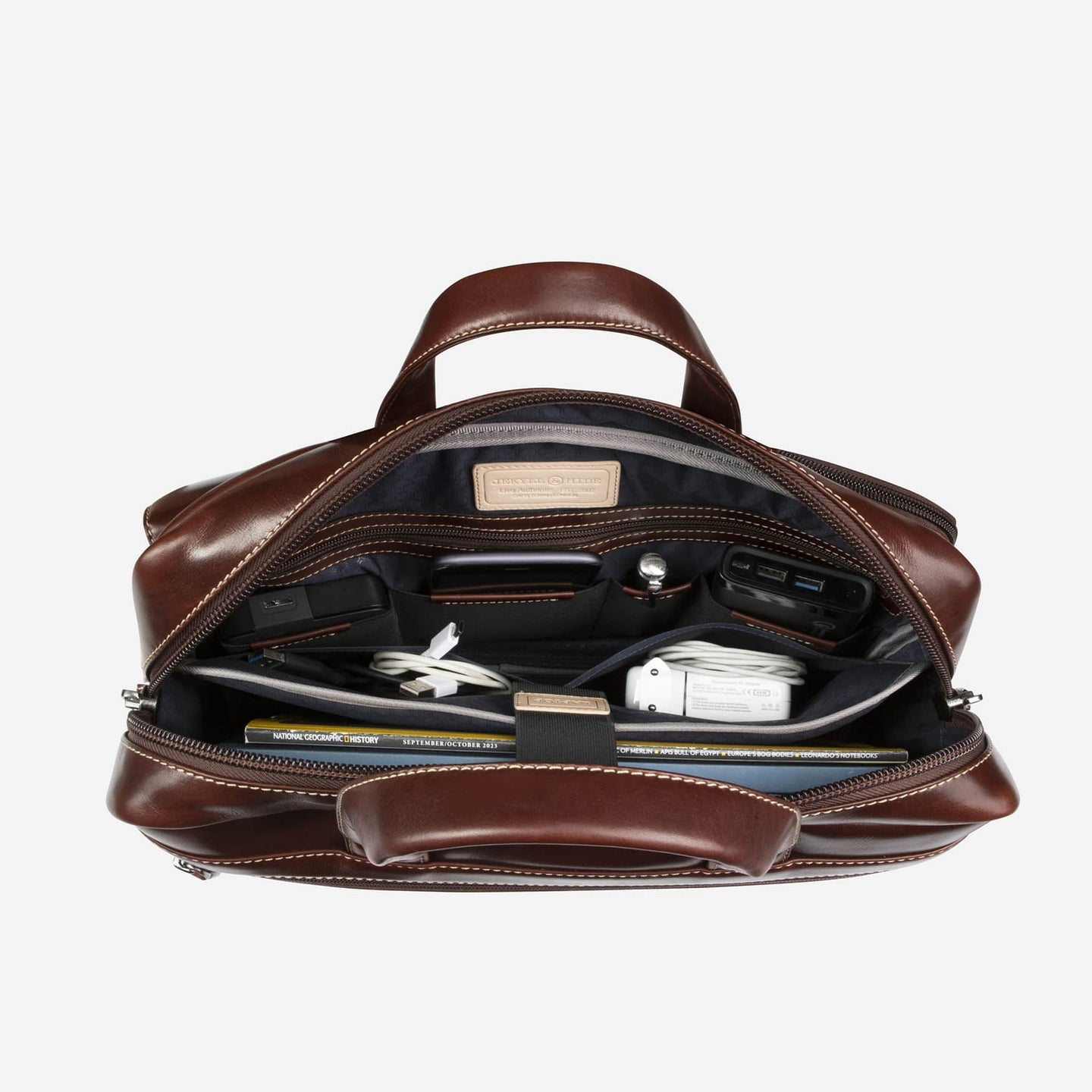 Jekyll and Hide - Medium Laptop Briefcase - Colt | Mocha showcasing interior compartments and organizational features.