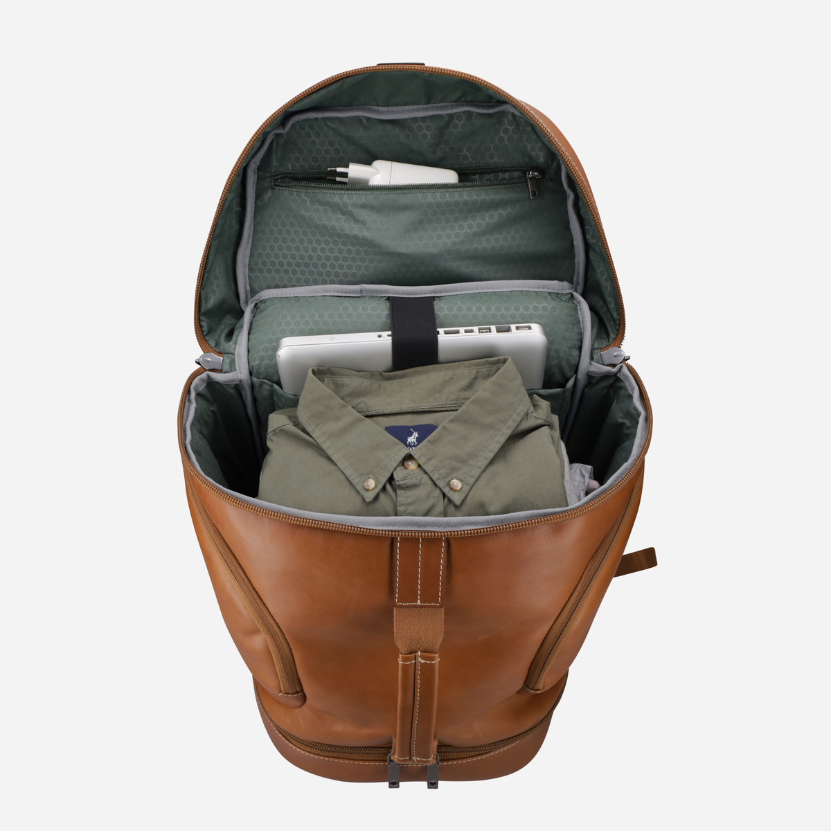 Jekyll and Hide - Large Travel Backpack - Colt - OVERSIZE PARCEL open with packed clothes and laptop inside.