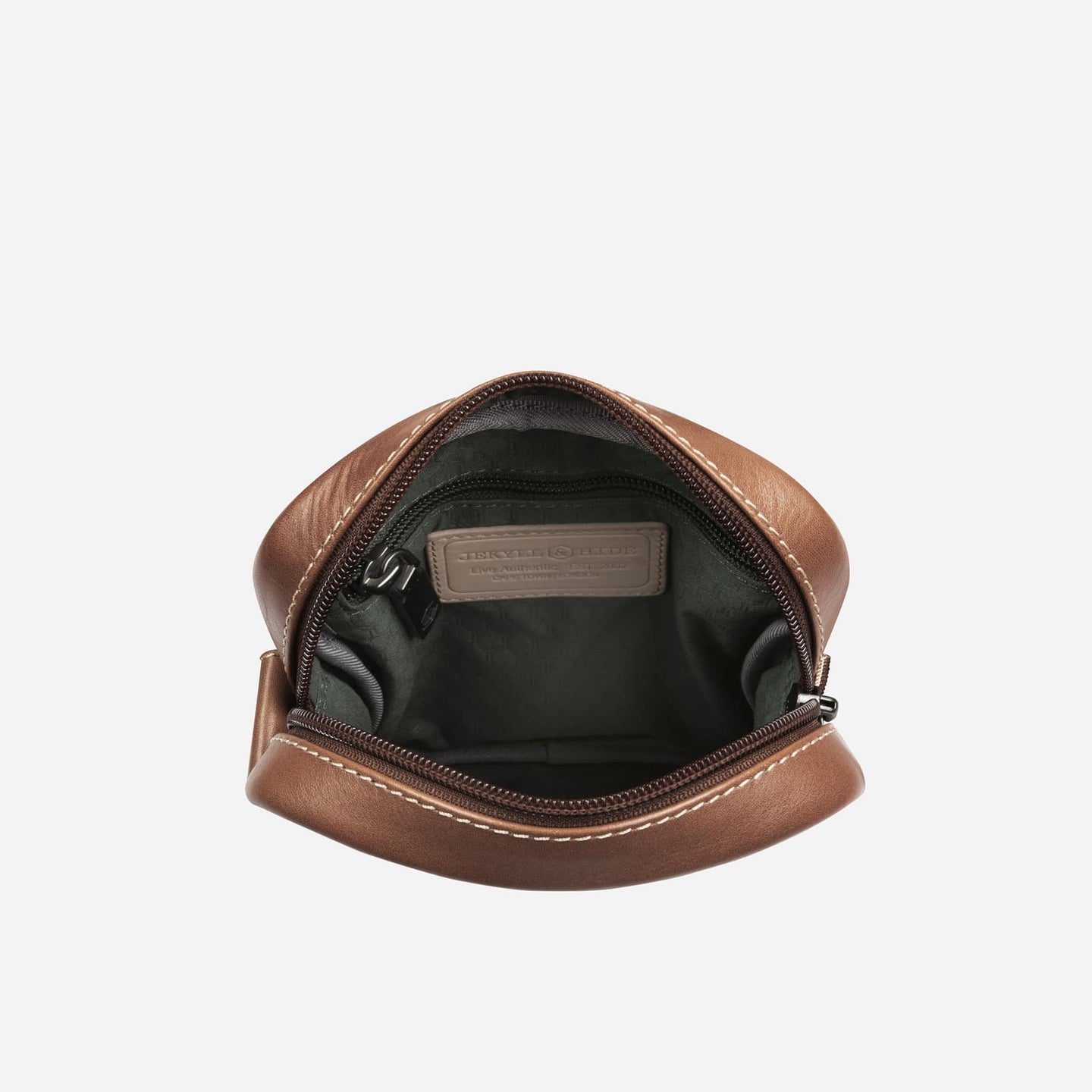 Jekyll and Hide - Small Crossbody Organiser - Mocha | Tan | Black interior view with zip closure.
