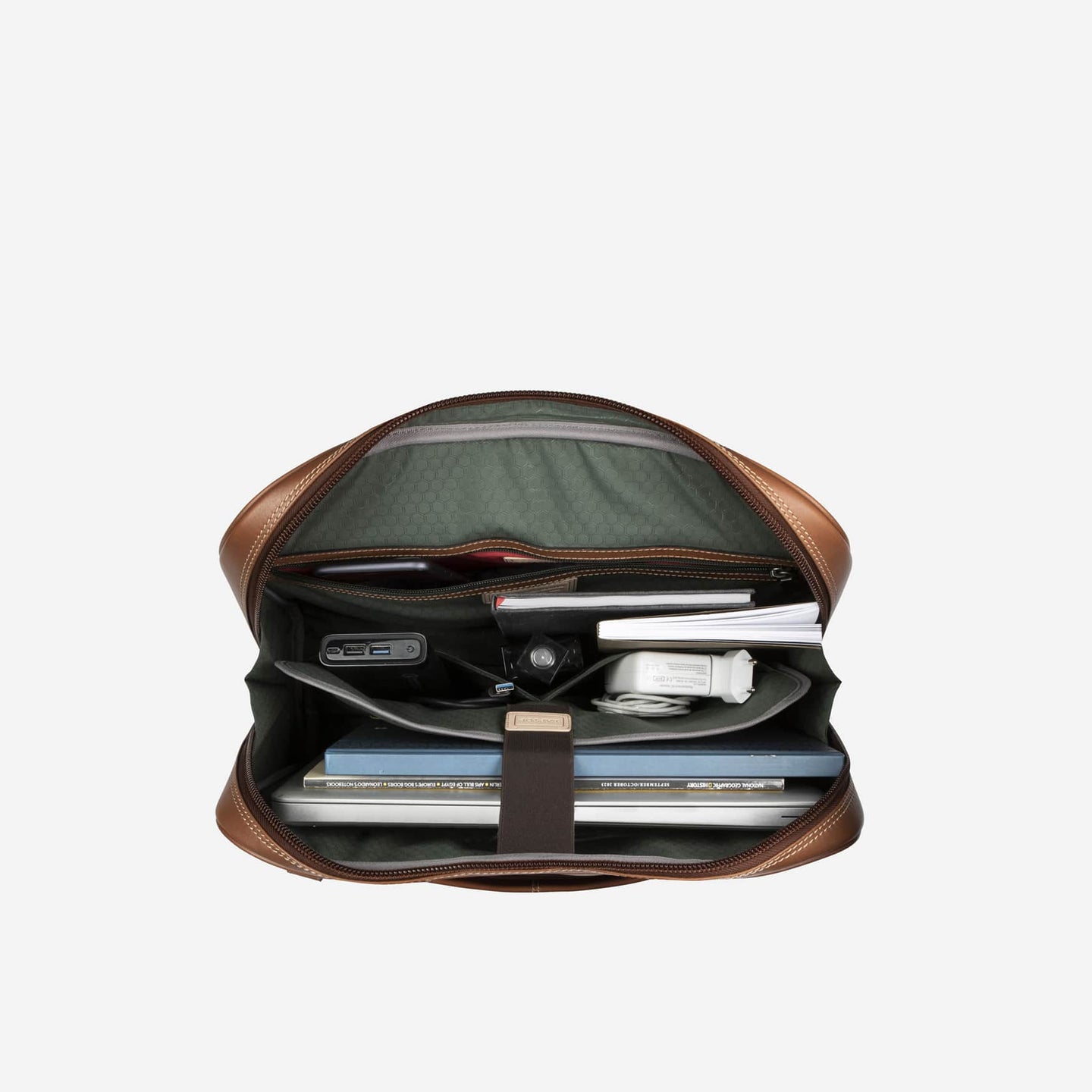 Jekyll and Hide - Large Multi Compartment Briefcase - Mocha | Colt - OVERSIZE PARCEL interior showing multiple pockets and compartments.