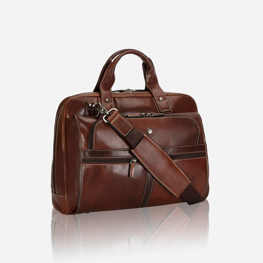 Jekyll and Hide - Large Multi Compartment Briefcase - Mocha | Colt - OVERSIZE PARCEL on a reflective surface.