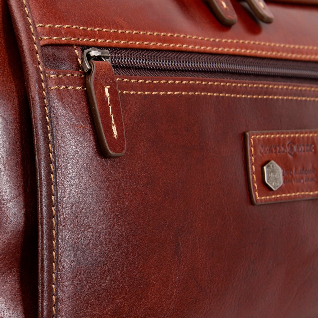 Jekyll and Hide - 4 Wheel Cabin Trolley 50cm - Tobacco - OVERSIZE PARCEL close-up showing leather texture and zipper detail.