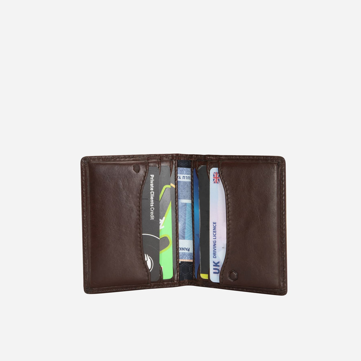 Jekyll and Hide - Slim Card Holder - Tan | Black | Mocca displayed open with card slots and hidden closure.