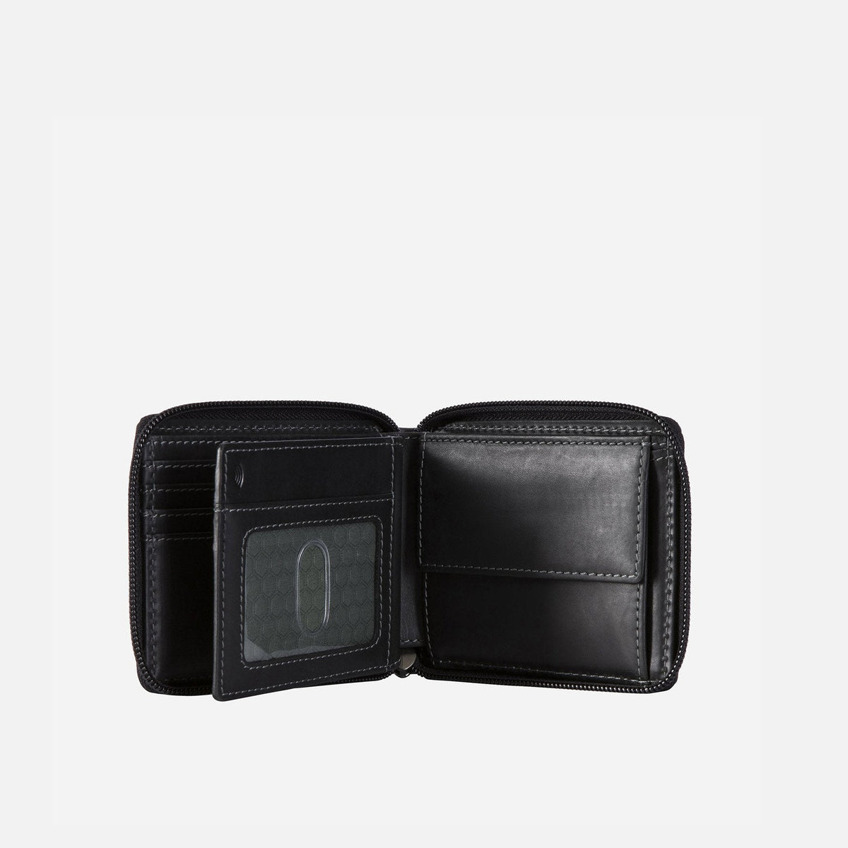 Open view of the Jekyll and Hide - Large Zip Around Wallet With Coin Pouch - Mocha | Black | Tan, showcasing card slots and compartments.