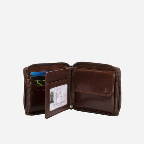 Jekyll and Hide - Large Zip Around Wallet With Coin Pouch - Mocha | Black | Tan opened to reveal card and coin compartments.