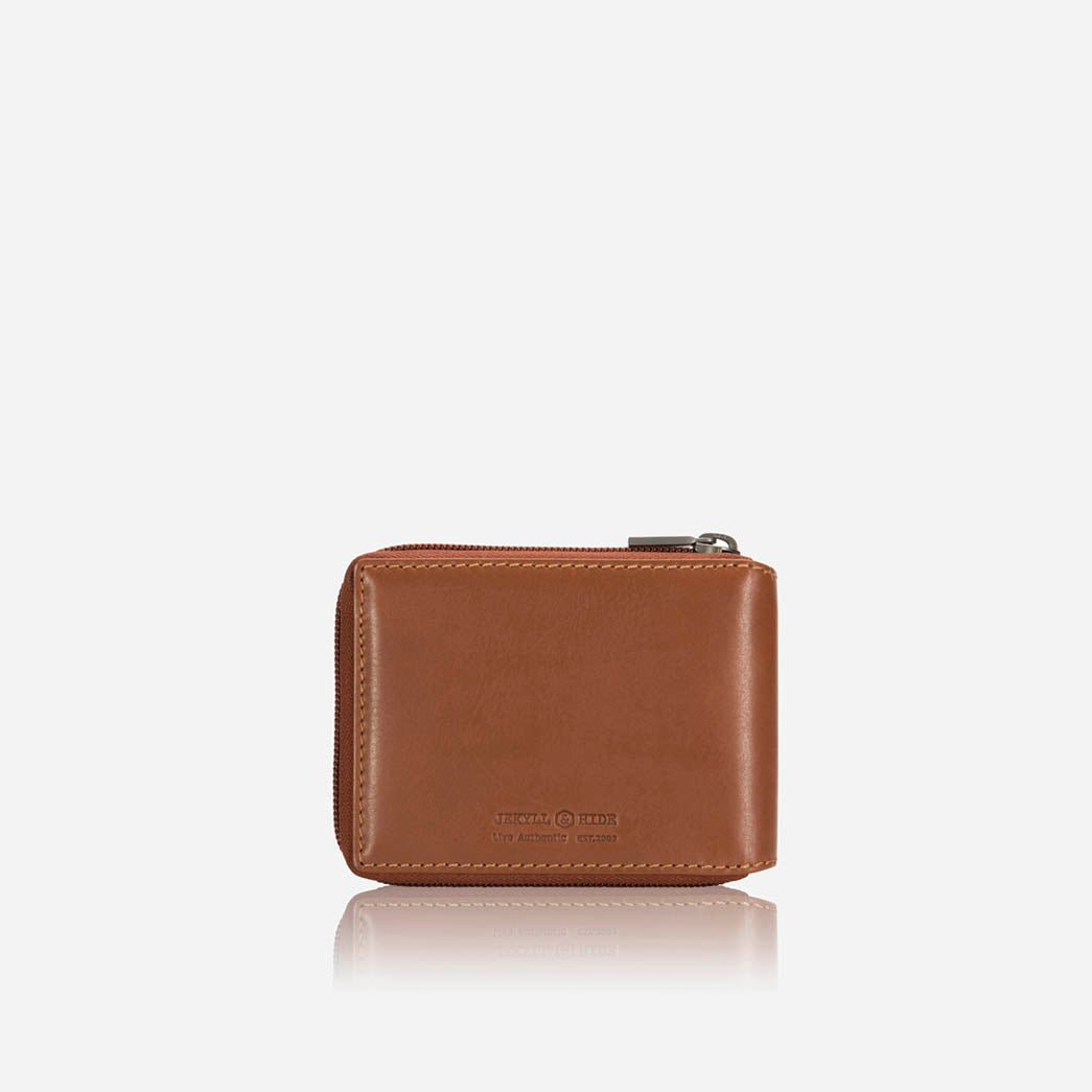 Jekyll and Hide - Large Zip Around Wallet With Coin Pouch - Mocha | Black | Tan in tan leather color with zipper.