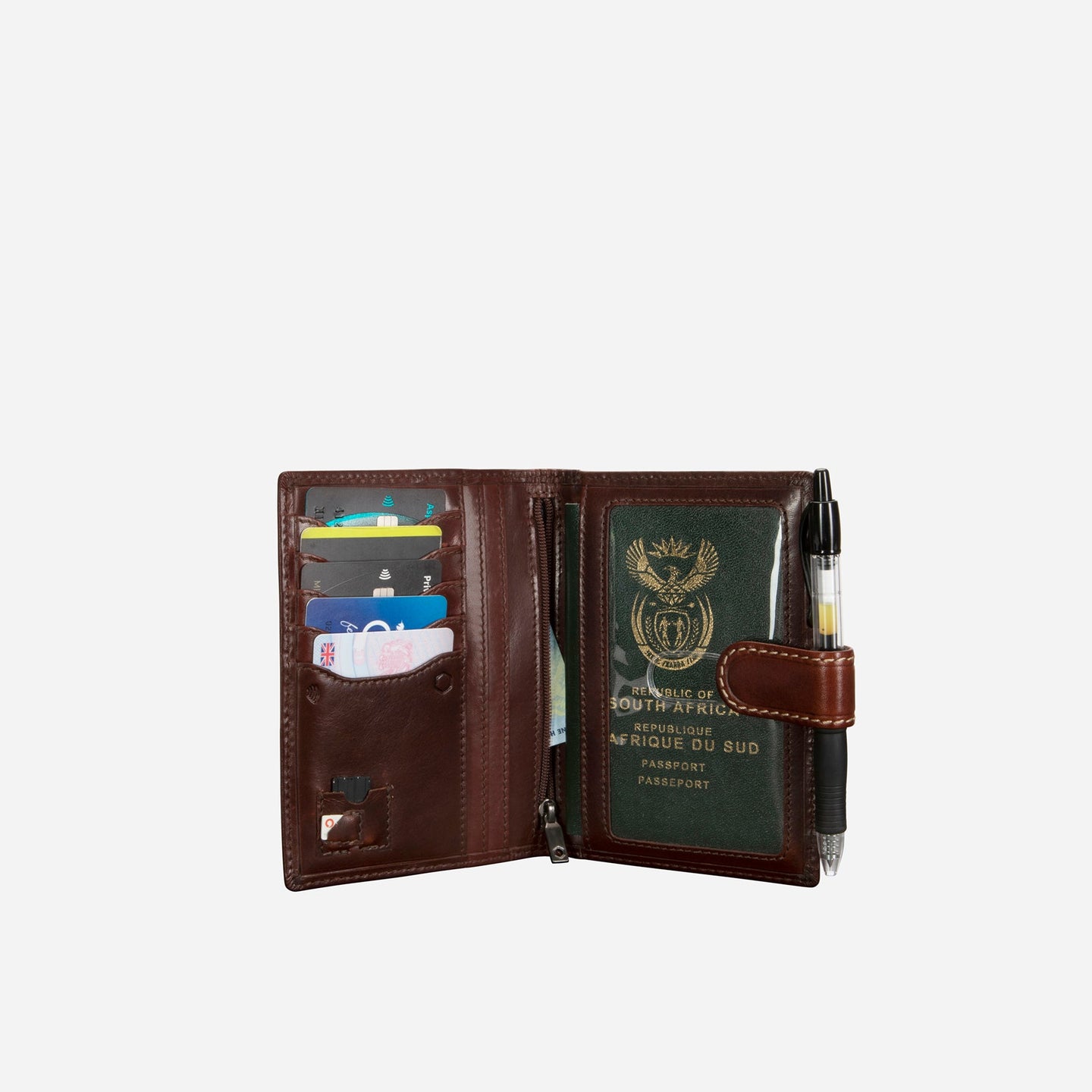Jekyll and Hide - Passport Wallet And Organiser - Tan | Mocha opened showcasing passport and card slots.