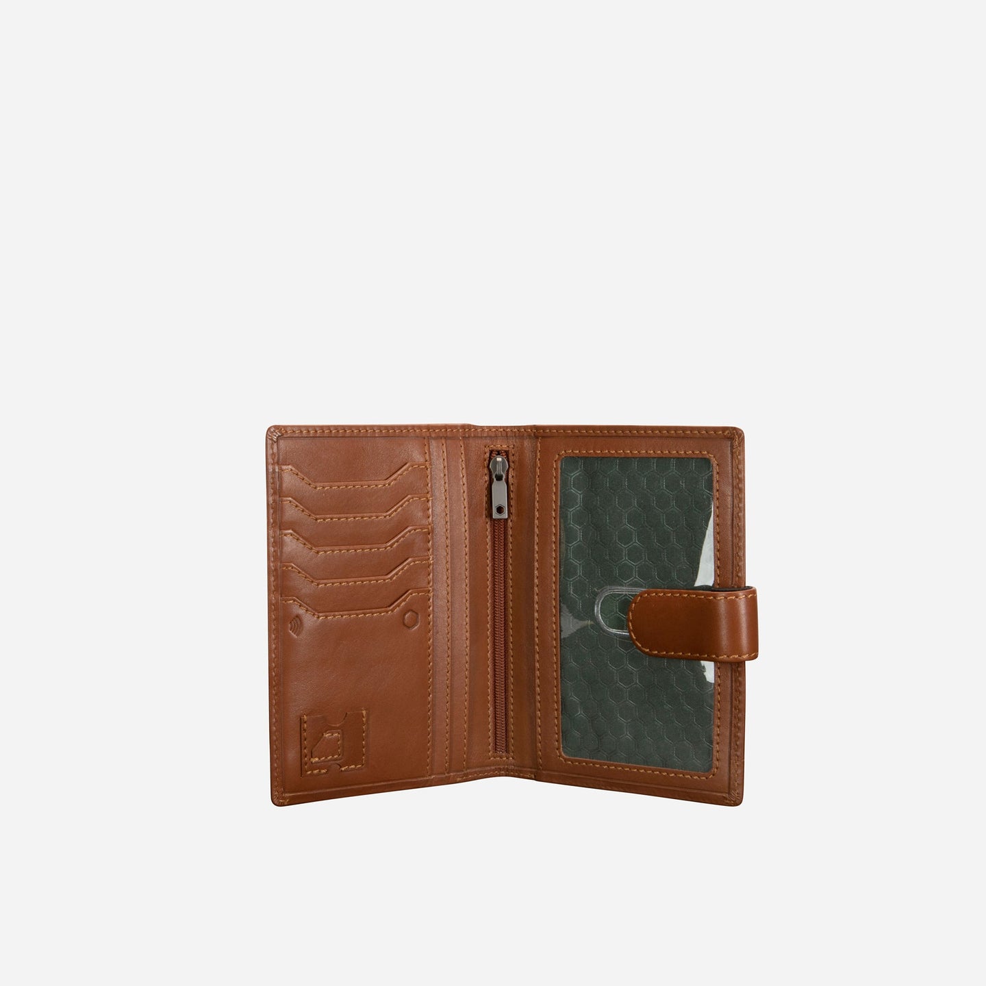 Jekyll and Hide - Passport Wallet And Organiser - Tan | Mocha open view showcasing card slots and ID window