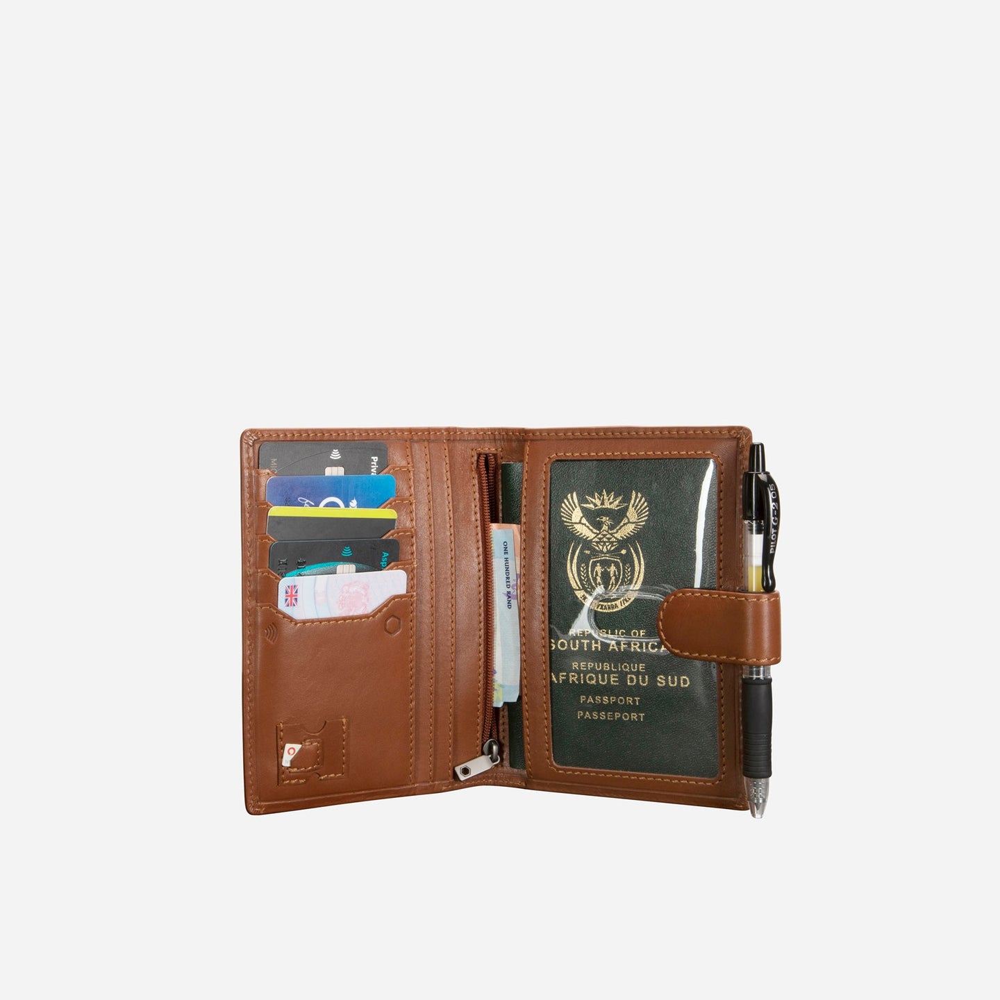 Jekyll and Hide - Passport Wallet And Organiser - Tan | Mocha displaying open passport pocket and card slots.