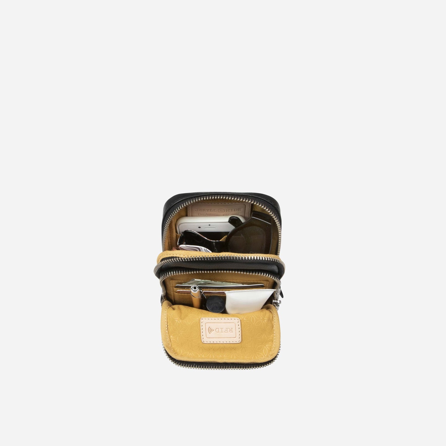 Jekyll and Hide - Womens Small Mobile Phone Sling Purse - Mulitple Colours, open view showcasing interior compartments.