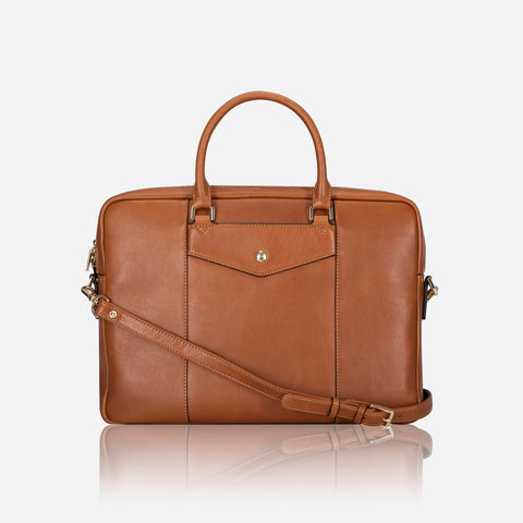 Jekyll and Hide - Ladies 13" Laptop Bag - Tan showcased in sleek tan leather with stylish handles and strap.