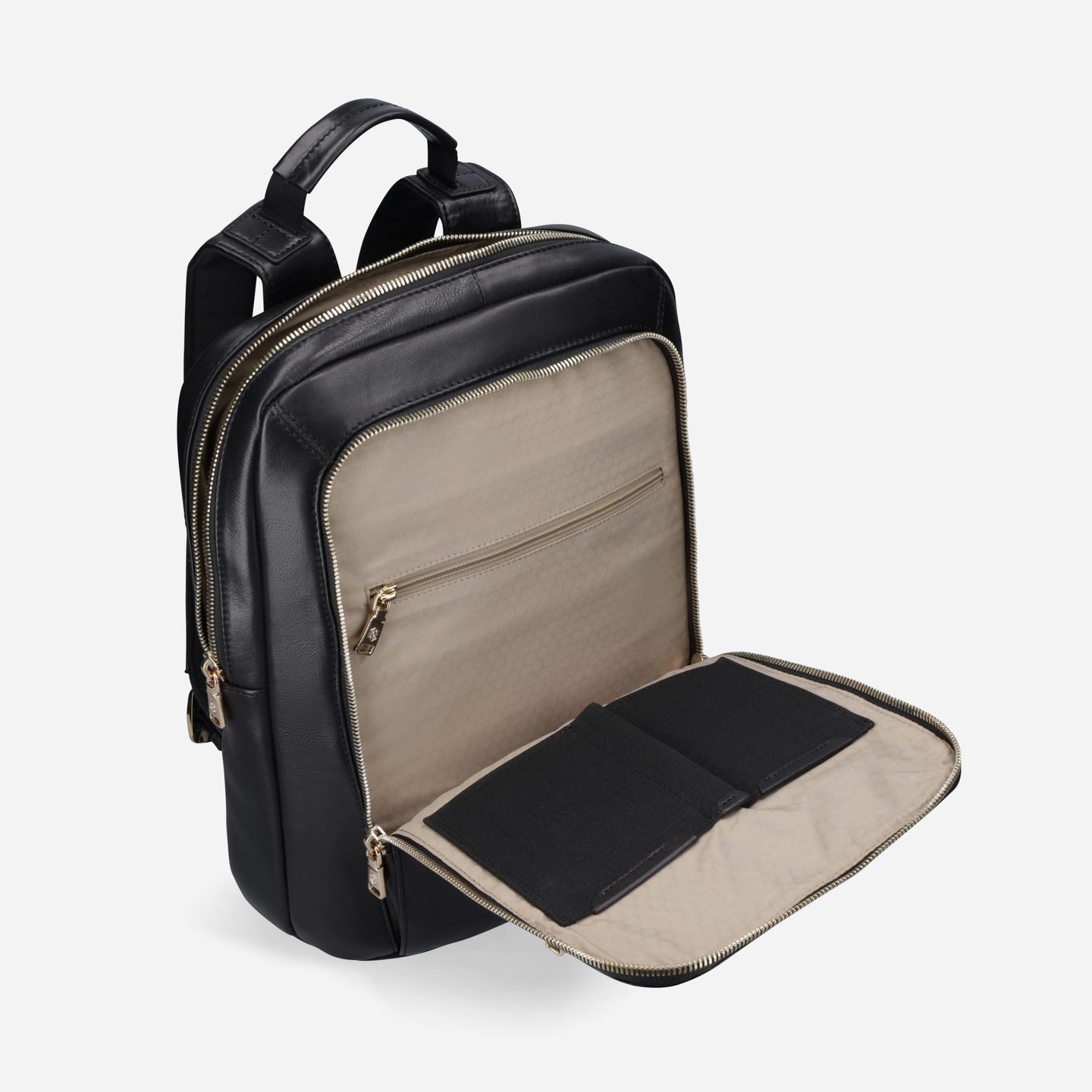 Jekyll and Hide - Ladies Business Backpack 38cm - Black | Tan with open compartment showcasing spacious interior and pockets.