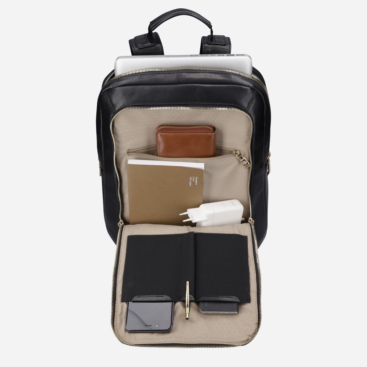 Jekyll and Hide - Ladies Business Backpack 38cm - Black | Tan interior showing multiple pockets for essential items.