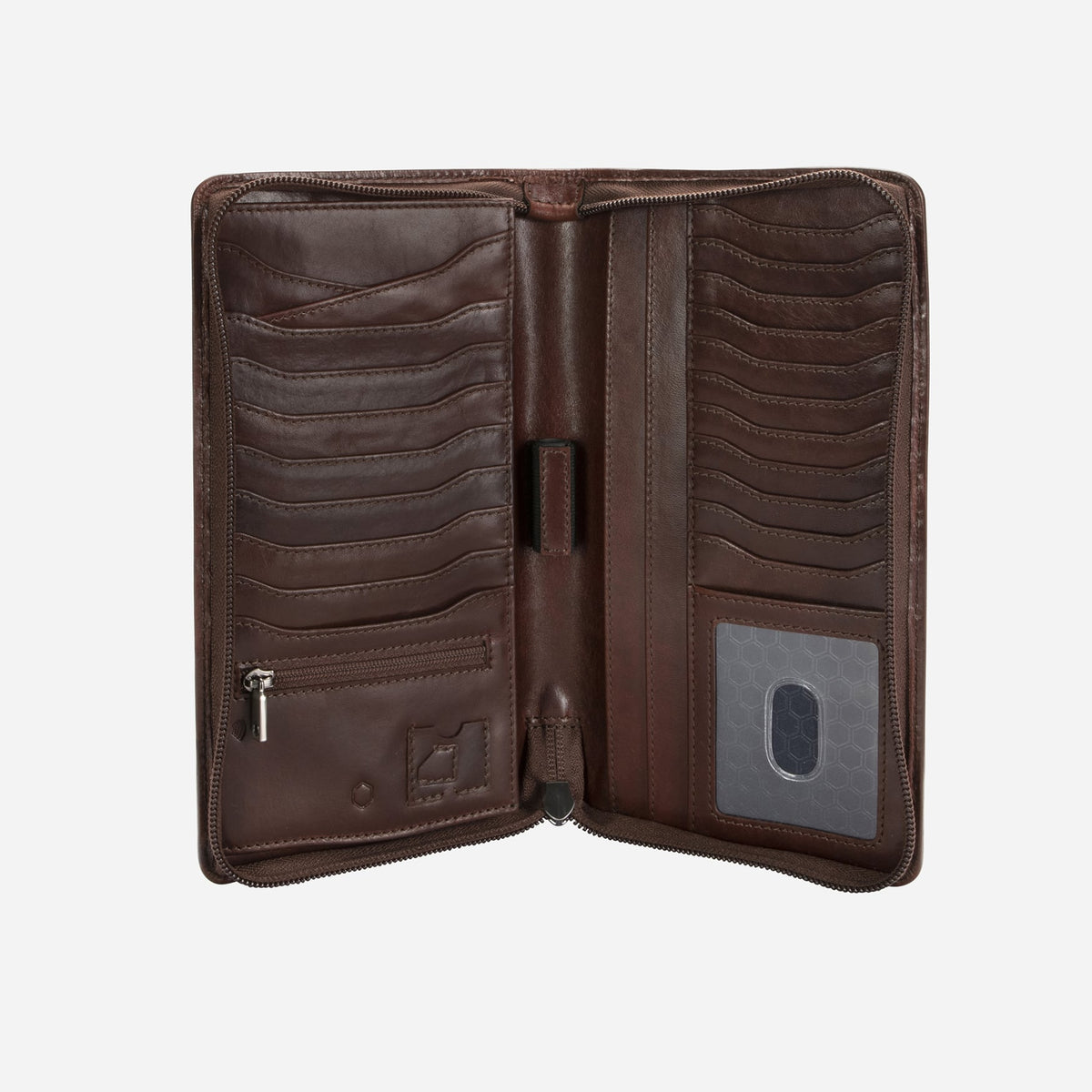 Jekyll and Hide - Large Zip-Around Travel And Passport Organiser - Tan | Mocha | Black interior with card slots and zipper pocket.