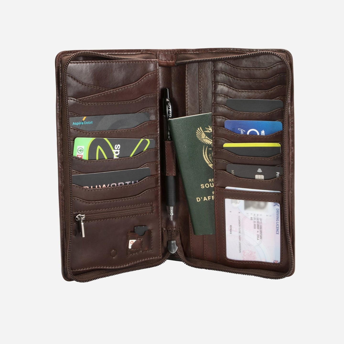 Jekyll and Hide - Large Zip-Around Travel And Passport Organiser - Tan | Mocha | Black, open view with slots for cards and passport.