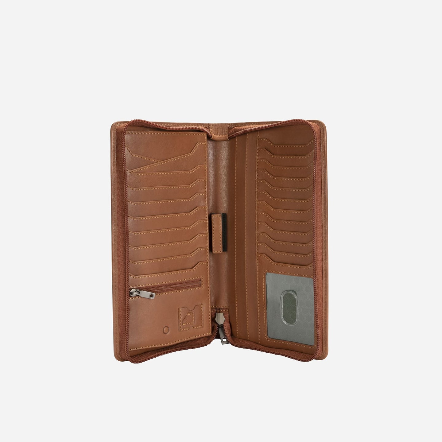 Jekyll and Hide - Large Zip-Around Travel And Passport Organiser - Tan | Mocha | Black open showing card slots and pocket.