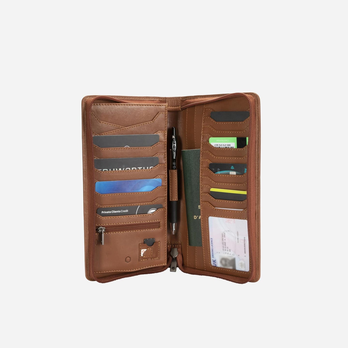 Jekyll and Hide - Large Zip-Around Travel And Passport Organiser - Tan | Mocha | Black, showcasing its organized interior.