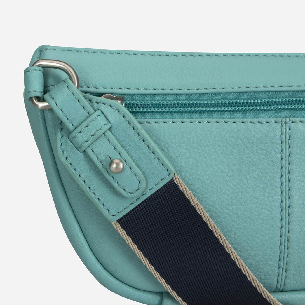 Jekyll and Hide - Womens Osaka Slim Leather Waist Bag - Tan and Multiple Colours close-up of zipper and strap detail