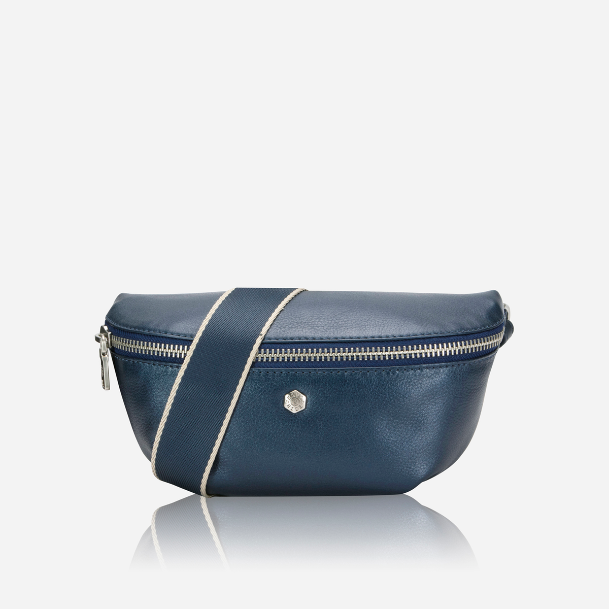 Jekyll and Hide - Womens Osaka Slim Leather Waist Bag - Tan and Multiple Colours in navy with zipper and strap.