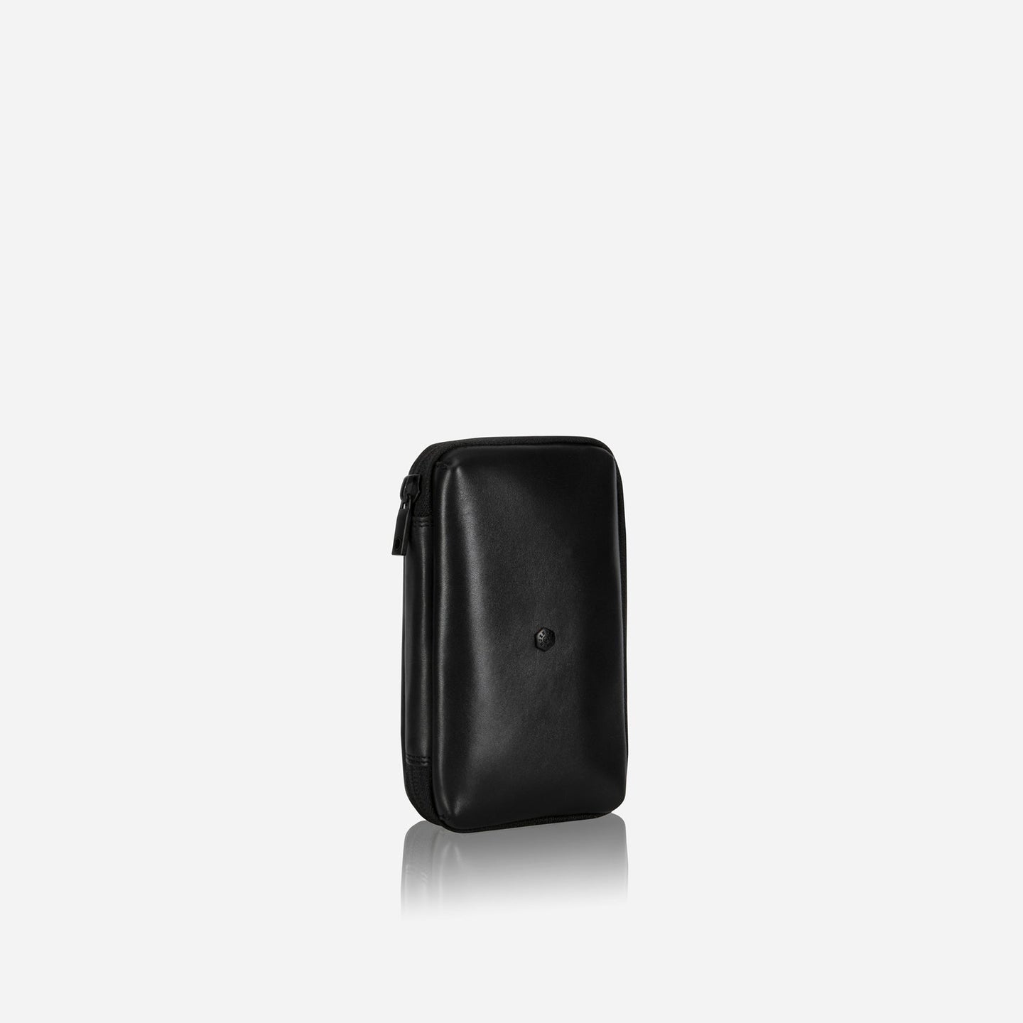 Jekyll and Hide - Compact Zip Around Cable Pouch - Tan | Black | Mocha in sleek black leather finish.
