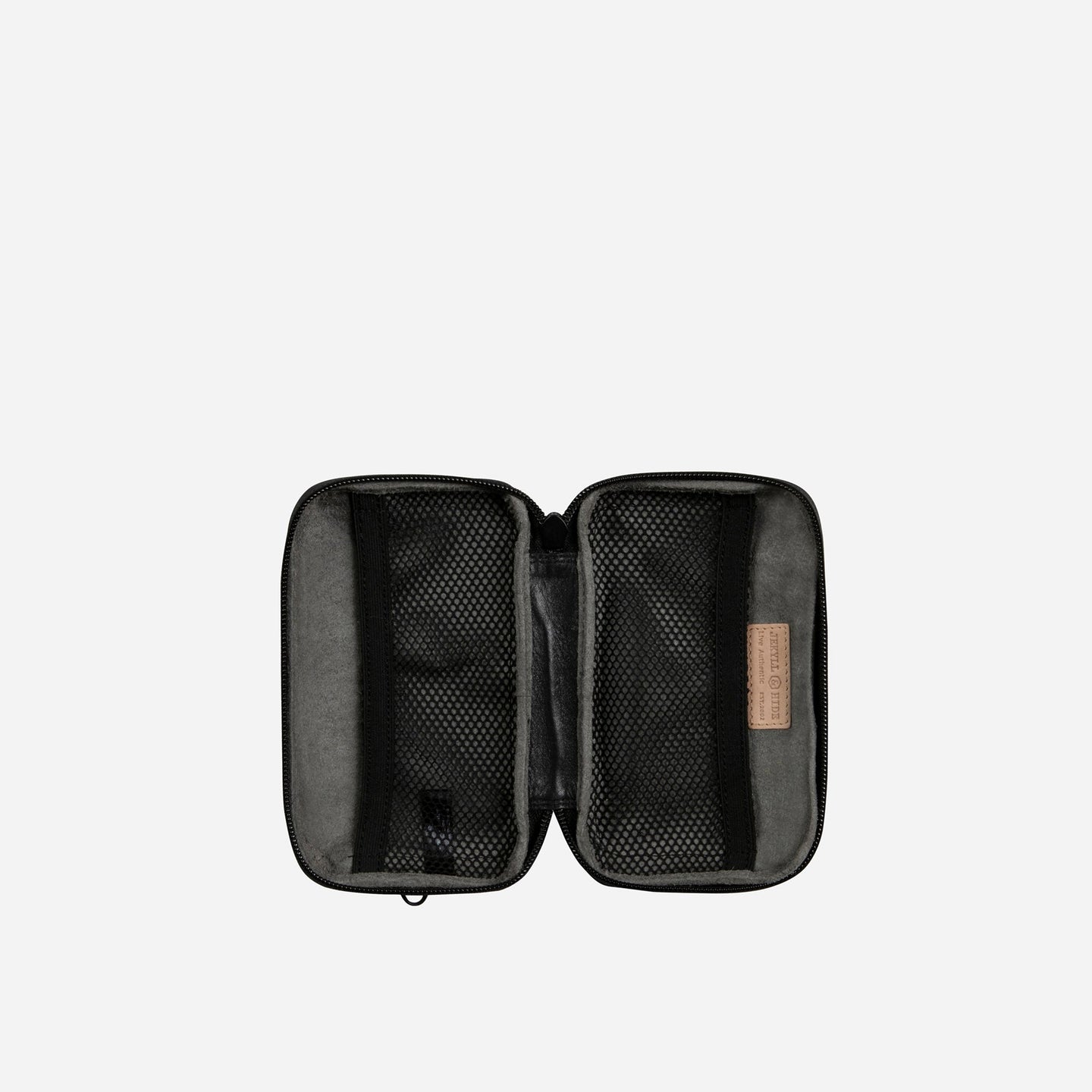 Jekyll and Hide - Compact Zip Around Cable Pouch - Tan | Black | Mocha, open view showcasing storage compartments.