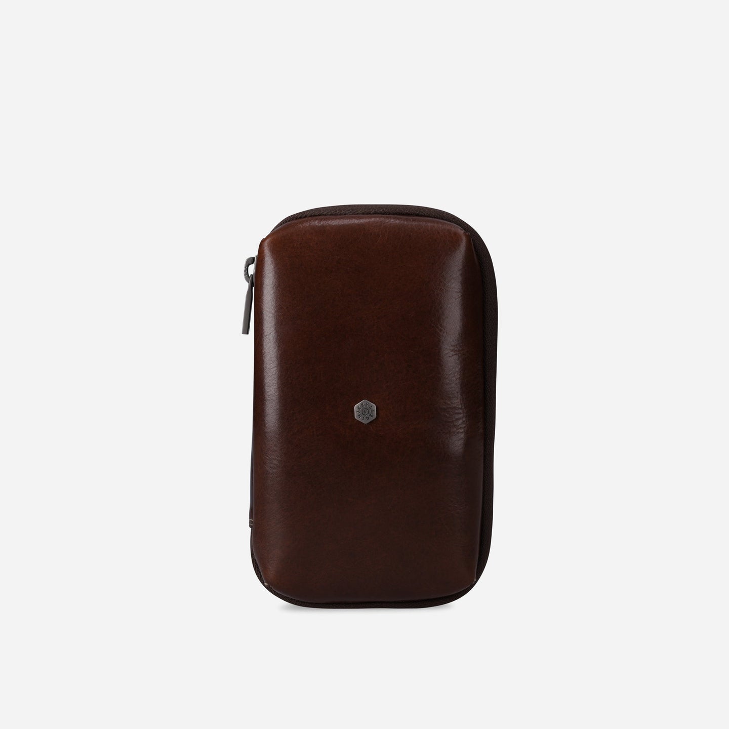 Jekyll and Hide - Compact Zip Around Cable Pouch - Tan | Black | Mocha in dark brown leather finish.