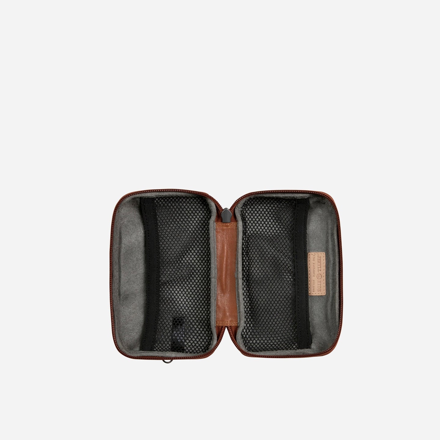 Jekyll and Hide - Compact Zip Around Cable Pouch - Tan | Black | Mocha - open view showcasing organizational compartments.