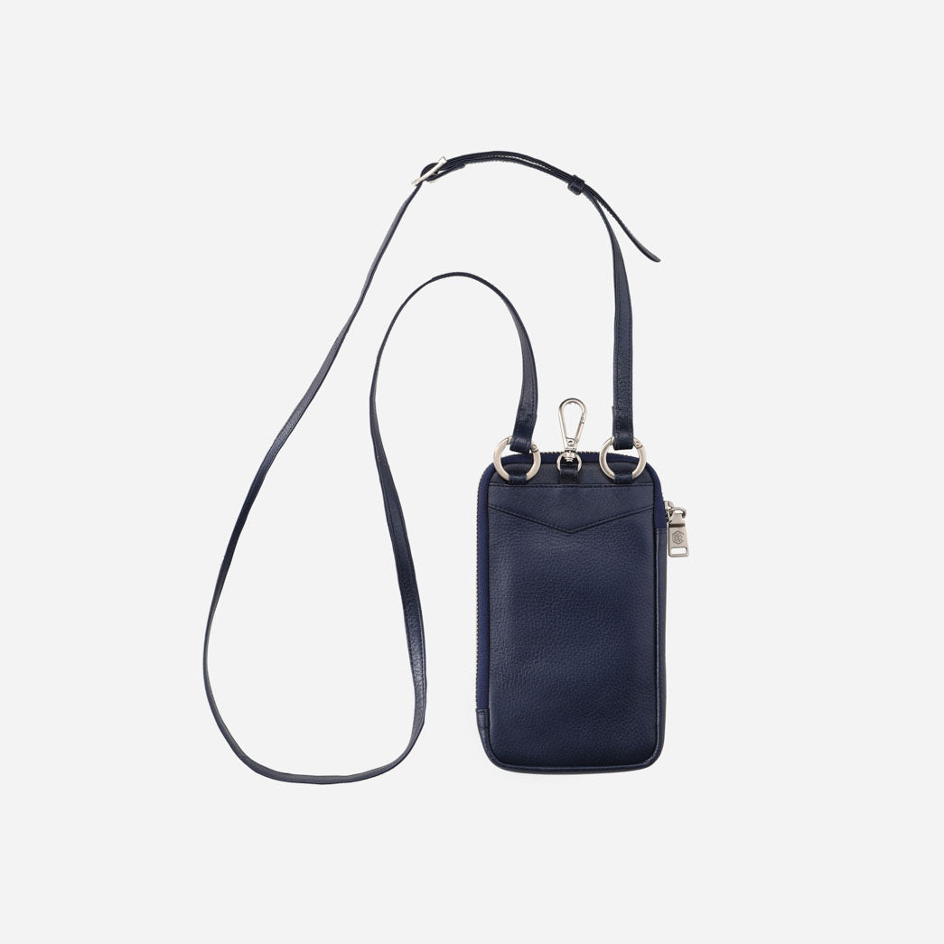 Jekyll and Hide - Mobile Phone Pouch With Strap - Black | Tan | Multiple Colours in dark blue leather with adjustable strap.