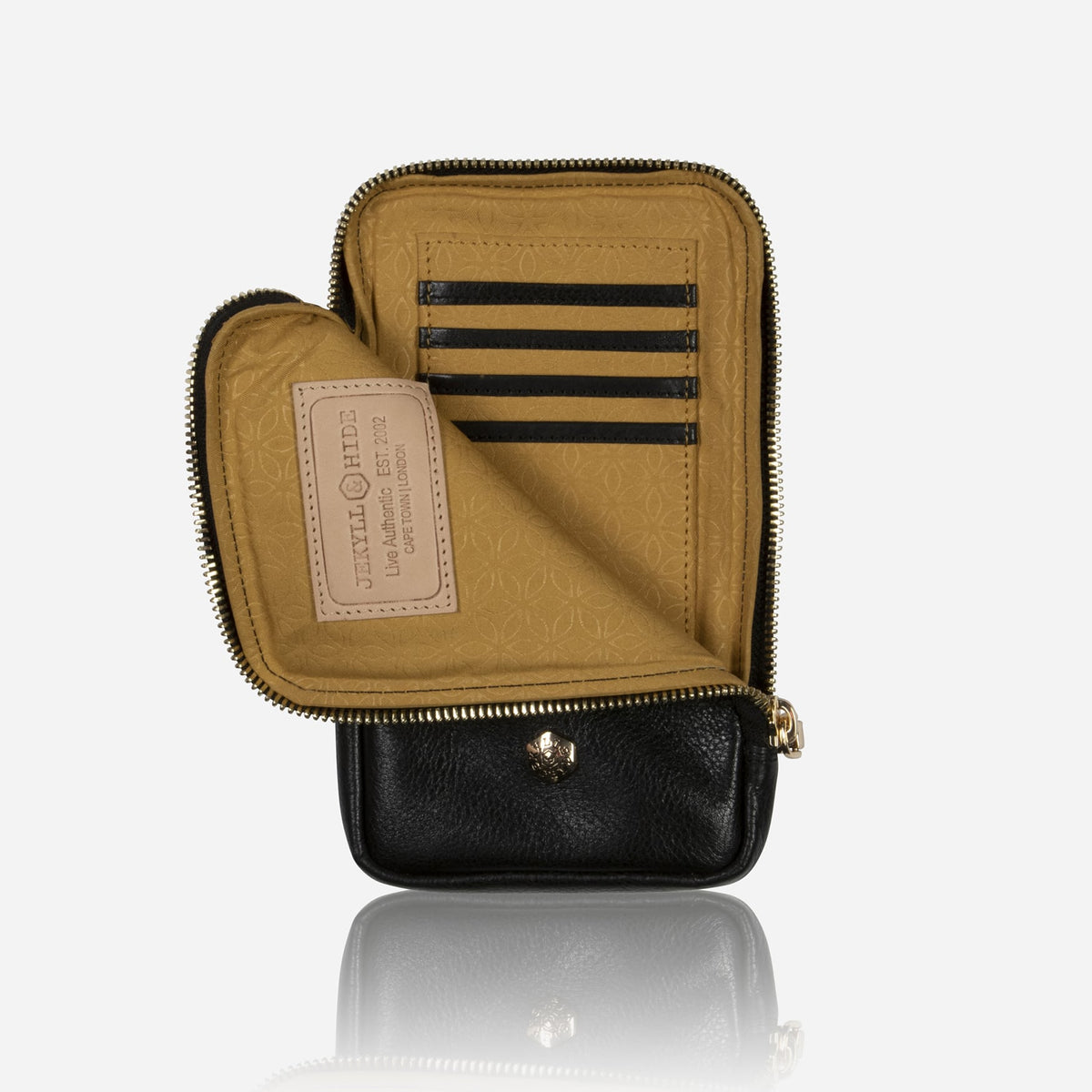 Jekyll and Hide - Mobile Phone Pouch With Strap - Black | Tan | Multiple Colours interior view showcasing card slots and zipper.