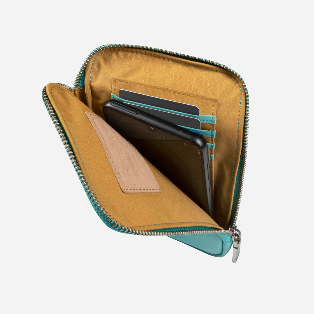 Jekyll and Hide - Mobile Phone Pouch With Strap - Black | Tan | Multiple Colours interior showing card slots and smartphone.