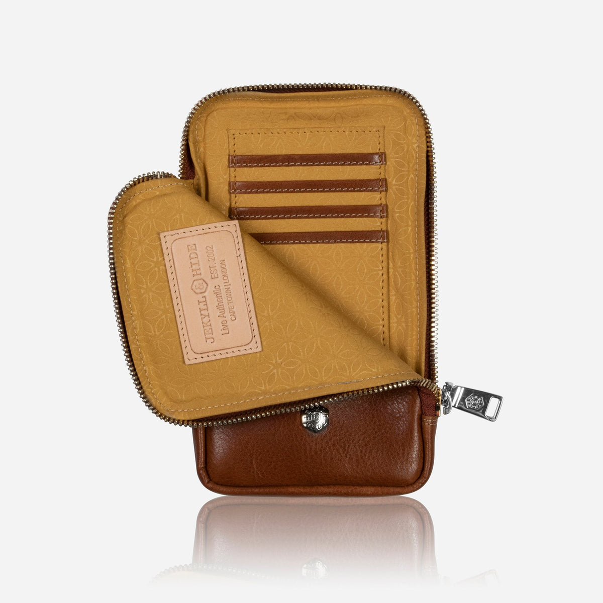 Jekyll and Hide - Mobile Phone Pouch With Strap - Black | Tan | Multiple Colours open showing card slots and zipper.