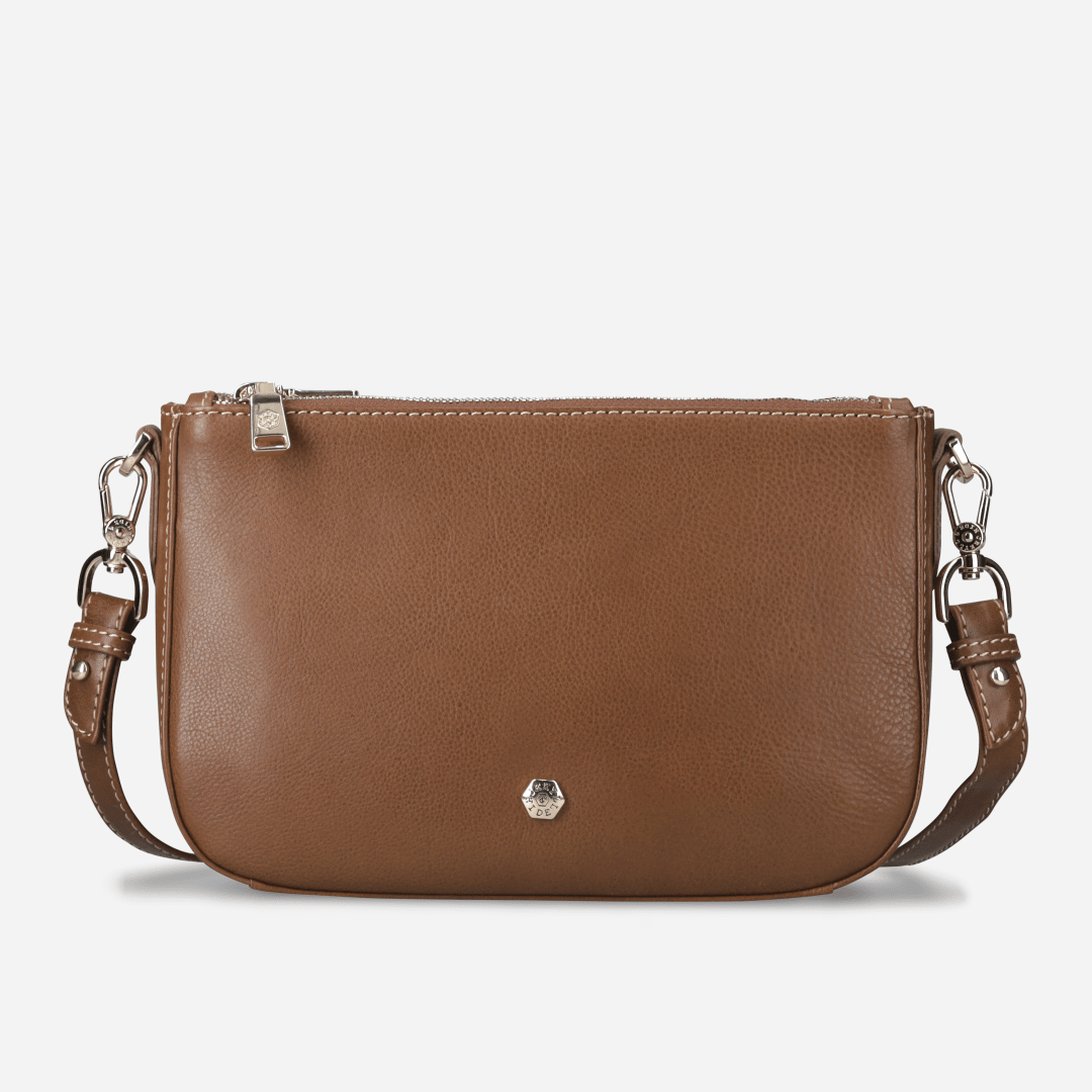 Jekyll and Hide - Womens Paris Crossbody 3-Compartment - Tan, elegant tan leather crossbody bag with chain strap.