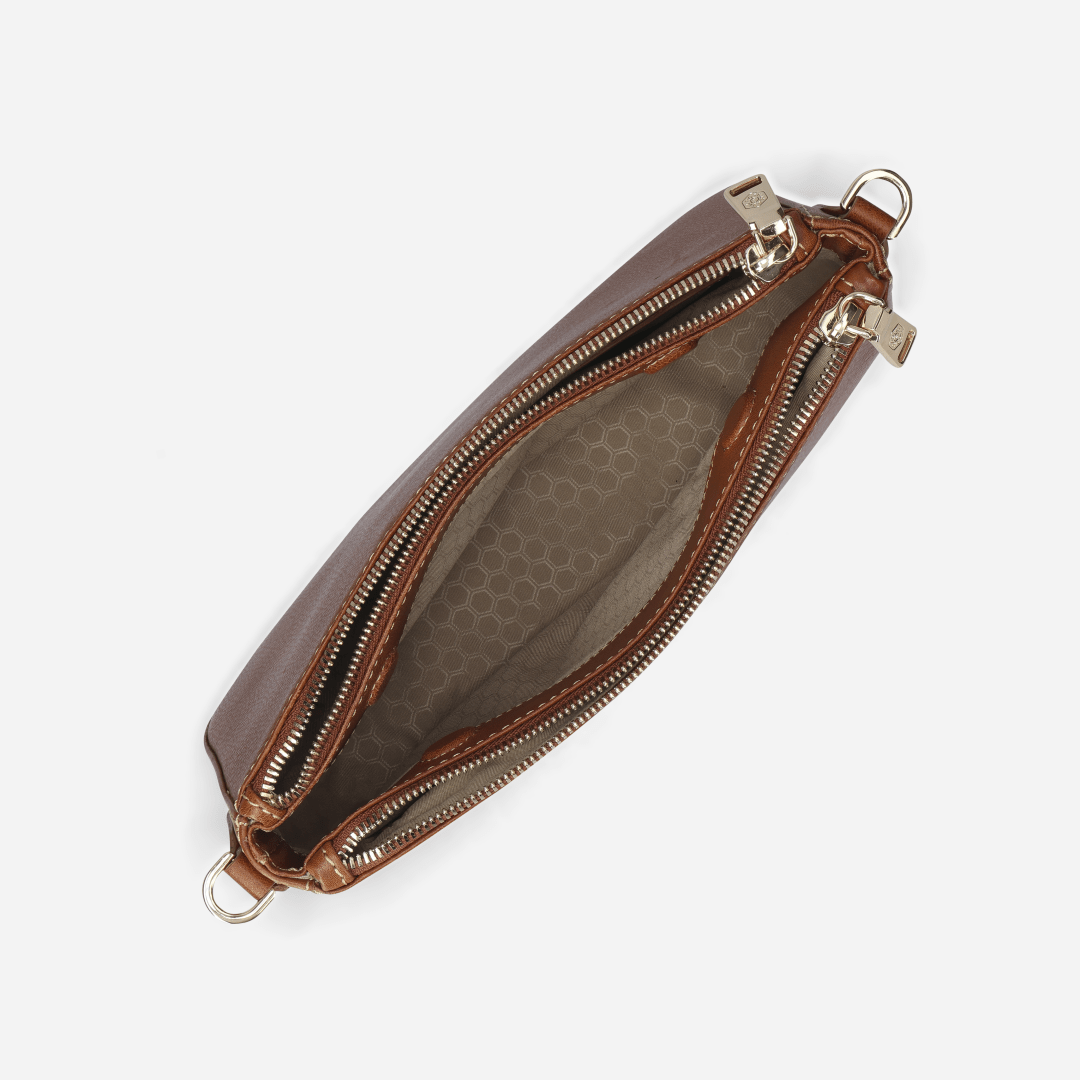 Inside view of Jekyll and Hide - Womens Paris Crossbody 3-Compartment - Tan showing compartments and zip details.