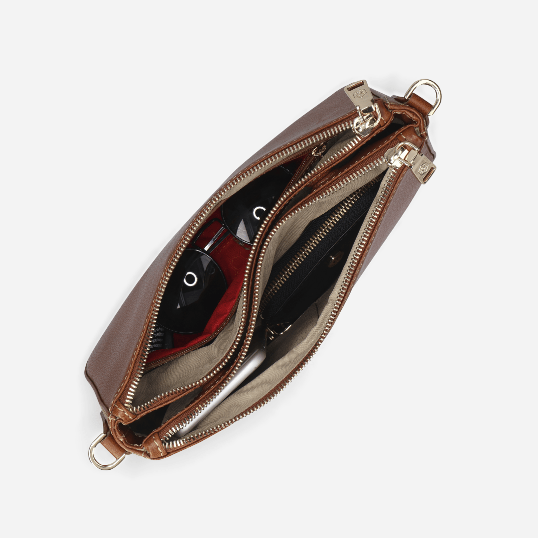 Jekyll and Hide - Womens Paris Crossbody 3-Compartment - Tan showing interior compartments and zippers.